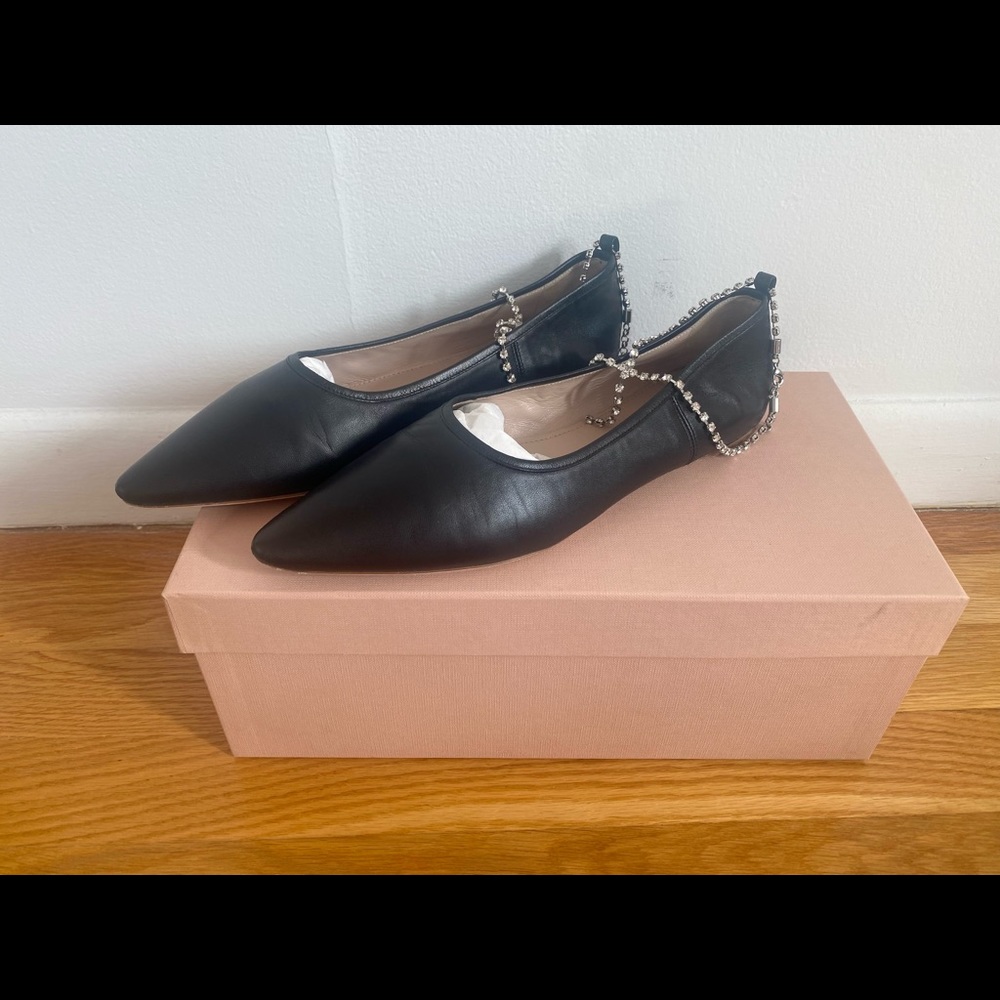 Miu Miu Crystal Strap Leather Flats - black